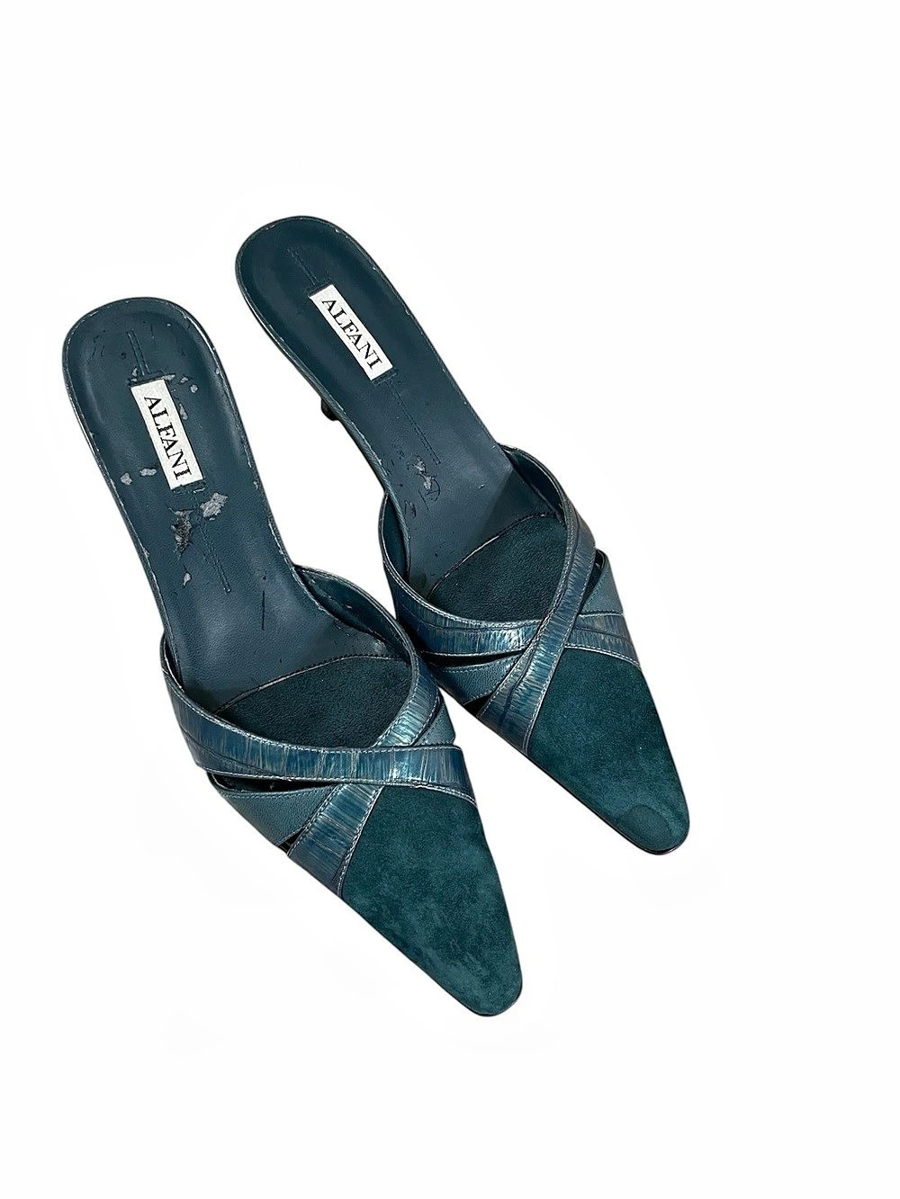 Alfani Teal Blue Croc Embossed Leather Suede Pointed Toe Mule Kitten Heels 7.5M